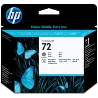 HP DesignJet 72 printhead, gray and black, in black box with blue butterflies and HP logo.