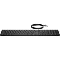 Black HP Desktop 320K full-size wired membrane keyboard with numeric keypad and USB connection cable.