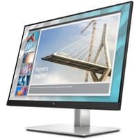 HP E24i G4 WUXGA Monitor with slim black bezels, adjustable silver stand, and vibrant display showing a bridge image.