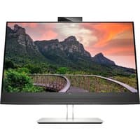 HP E27m G4 QHD USB-C monitor with slim bezels, built-in webcam, and a silver stand displaying a mountain landscape.