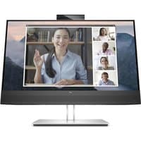 HP E24mv G4 23.8" monitor with slim bezels, integrated webcam on top, and built-in speakers on a silver stand.