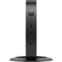 Black HP Elite t660 SFF Thin Client PC with vertical stand, front USB ports, and HP logo on top.