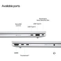 Silver HP EliteBook 8 G1i AI PC with multiple ports including USB-C, USB-A, HDMI, Thunderbolt, and NanoSIM slot.