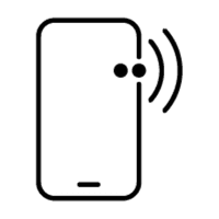 Black and white icon of a smartphone with two circular sensors and wireless signal waves on the side.