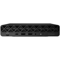 Black HP EliteDesk Mini PC with vented front panel, USB ports, power button, and compact design.