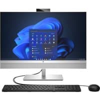 HP EliteOne 870 G9 all-in-one PC, 27" display, silver stand, black keyboard and mouse, Windows interface visible.