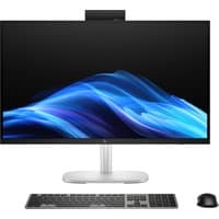 HP EliteStudio 8 All-in-One G1i 27" desktop with slim bezel, silver stand, wireless keyboard, and mouse.