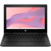 Black HP Fortis Flip G1m Chromebook with 11.6" touchscreen, compact design, and ChromeOS interface displayed.