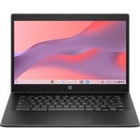Black HP Fortis G1i 14 Chromebook with 14-inch touchscreen, sleek design, and visible keyboard.