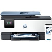 HP OfficeJet Pro 8125e printer, white and gray, touchscreen, paper tray, wireless, supports two-sided printing.