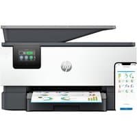 HP OfficeJet Pro 9120b printer, white and black, touchscreen, scanner lid, wireless, with printed page and smartphone display.