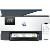 HP OfficeJet Pro 9125e printer, white with blue accents, touchscreen, wireless, two-sided printing, next to smartphone.