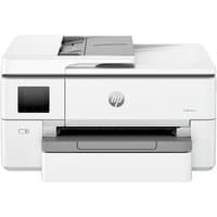 White HP OfficeJet Pro 9720e printer with touchscreen, paper tray, and scanner lid, featuring wireless and duplex printing.