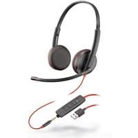 Black HP Poly lckwire 3225 wired headset with USB connector, inline controls, and adjustable microphone boom.