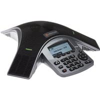 HP Poly SoundStation IP5000 conference phone, black with silver keypad, LCD screen, and curved design.