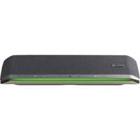 Black HP Poly Sync 60 speakerphone with green LED light and Microsoft Teams certification logo.