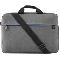 Gray HP Prelude 15.6-inch Topload laptop bag with black handles, adjustable shoulder strap, and blue-accented front zipper pocket.