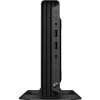 Black HP Pro Mini 400 G9 Desktop PC with vertical stand, front USB ports, and power button on sleek, compact design.