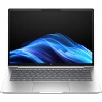 Silver HP ProBook 4 G1a laptop with 14" display, sleek design, and backlit keyboard.