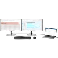 Dual HP Series 5 Pro 23.8" FHD monitors with slim bezels, USB-C connectivity, paired with a laptop and wireless keyboard.