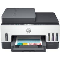 HP Smart Tank 7305 printer, white and gray, with visible ink tanks and paper tray, featuring scanner and copier.