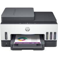 HP Smart Tank 7605 printer, white with gray accents, visible ink tanks, paper tray with printed page.