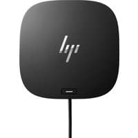 Black HP USB-C/A Universal Dock G2 with rounded edges, HP logo on top, and a single USB-C port on the front.