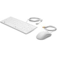 White HP USB keyboard and mouse set with antimicrobial coating and wired connections.