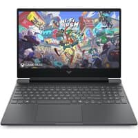Black HP Victus 15.6" gaming laptop with backlit keyboard, sleek design, and vibrant FHD display showing colorful graphics.