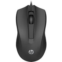 Black HP Wired Mouse 105 with ergonomic design, scroll wheel, and HP logo on top.