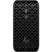 Black HP Z2 Mini G1a PC with diamond-patterned grille, vertical design, and HP logo at the bottom.
