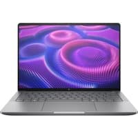 Gray HP ZBook Ultra laptop with 16-inch display, sleek design, and vibrant purple-blue abstract screen pattern.