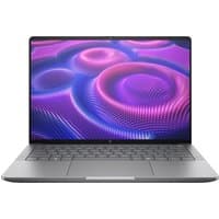 Silver HP ZBook Ultra G1a laptop with thin bezels, backlit keyboard, and vibrant purple-blue display pattern.