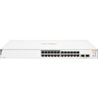 HPE Aruba 24-port white rack-mountable switch with PoE+ and SFP ports, compact design, Hewlett Packard branding