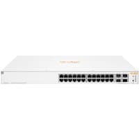 White HPE Aruba 24-port Gigabit Ethernet switch with SFP+ ports, rack-mountable, sleek design.