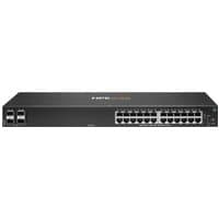Black HPE Aruba Networking CX 6000 switch with 24 Ethernet ports and 4 SFP slots, rack-mountable design.