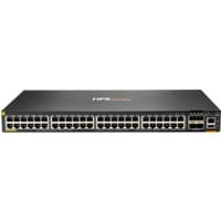 Black HPE Aruba switch with 48 Ethernet ports, 4 SFP+ ports, and PoE capability, featuring a sleek rectangular design.
