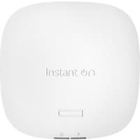 White HPE Aruba Instant On indoor access point, square with rounded edges, embossed logo, and bottom ports.