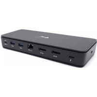 Black i-tec Thunderbolt 4 docking station with dual DisplayPort, multiple USB ports, and power delivery feature.