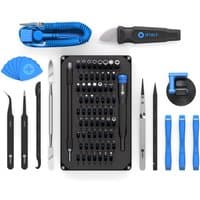 iFixit EU145307-4 repair tool kit with precision screwdriver, tweezers, spudgers, and blue pry tools in a black case