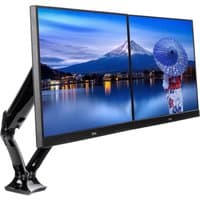 Black dual-arm monitor stand holding two 27" screens, sleek design with adjustable arms and sturdy desk clamp.