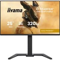 24.5" iiyama G-MASTER gaming monitor, FHD, 320Hz, slim bezel, black stand, displaying "Gold Phoenix" graphic.