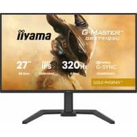 27" black iiyama G-MASTER gaming monitor with slim bezel, 320Hz refresh rate, and futuristic warrior graphic on screen.