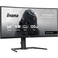 Curved 34" iiyama G-MASTER gaming monitor, UWQHD, 120Hz, black stand, sleek design, futuristic graphics on screen.