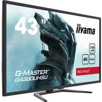 43’’ iiyama G-MASTER 4K 144Hz gaming monitor, sleek black frame, Red Eagle branding, futuristic graphic on screen