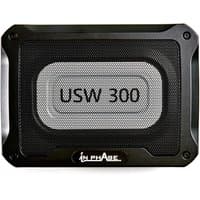 Black In Phase USW300 underseat subwoofer with mesh grille and silver center panel displaying "USW 300" text.