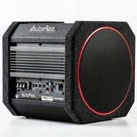 Black In Phase XTB-828R underseat subwoofer with red trim, textured casing, and control panel on the side.