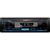 In Phase IPS130SDI mechless car stereo with digital display, USB, SD card slot, AUX input, and blue LED accents.