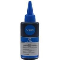 InkLab Bottle-Cyan with blue cap, cylindrical shape, and cyan label detailing product information.