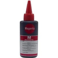 Magenta InkLab ink bottle with red cap, white label, and bold red "M" text, compatible with various printers.